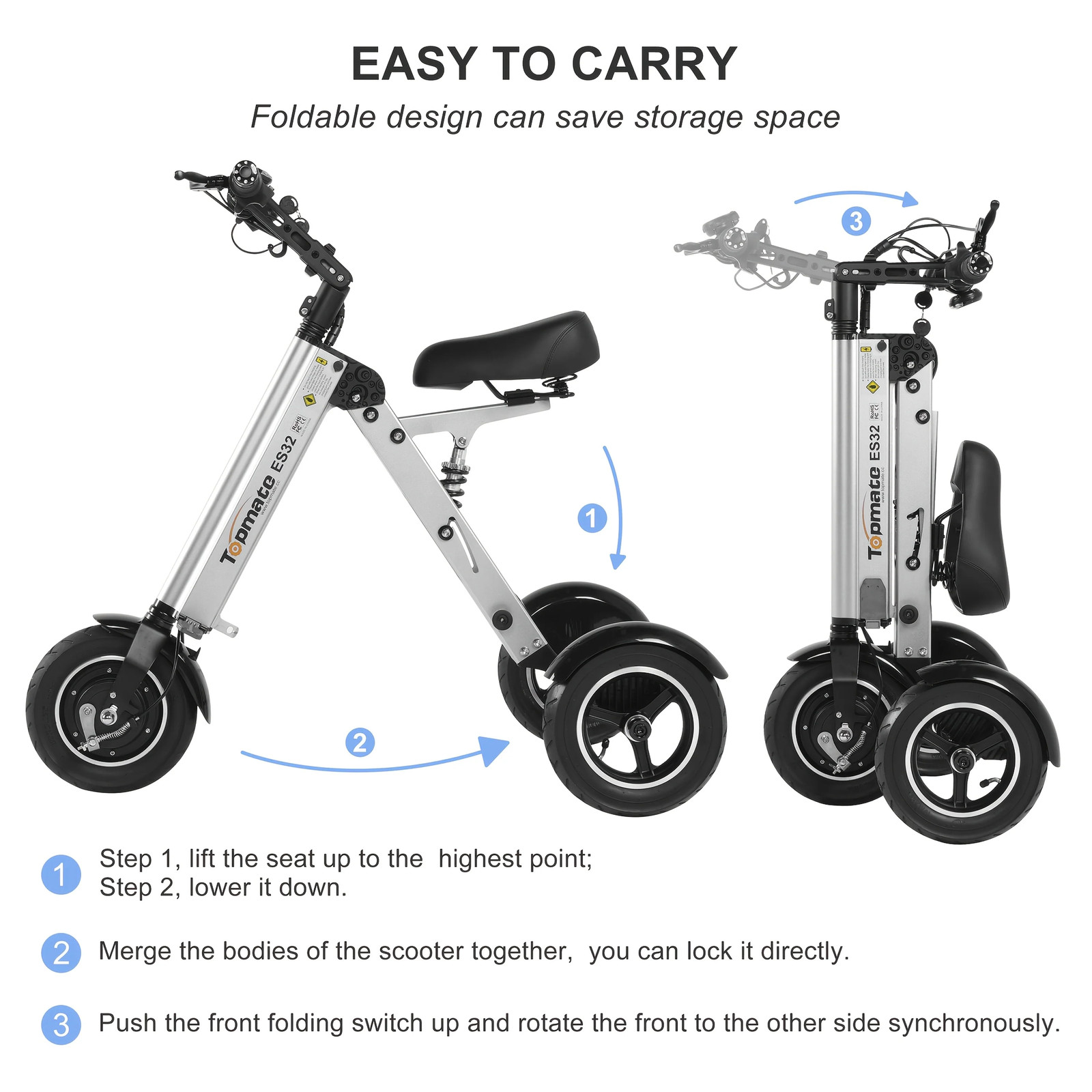 Foldable Electric Mobility Trike for Adults 3Wheel Compact ETrike with Seat,