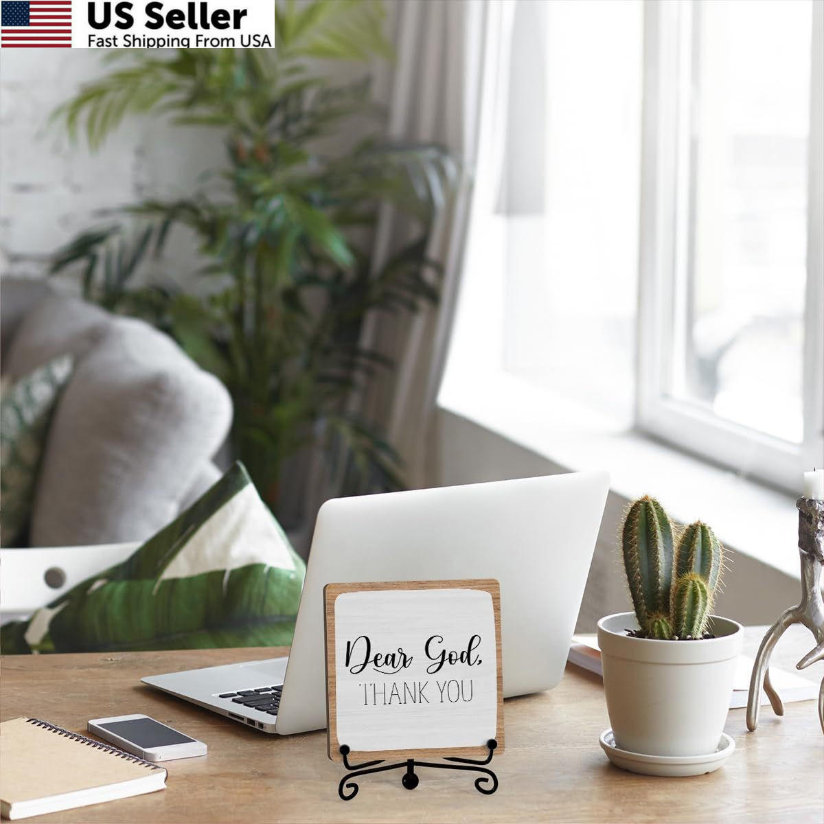 Home Decor, Farmhouse Shelf Table Wooden Sign with Iron Stand, Dear God