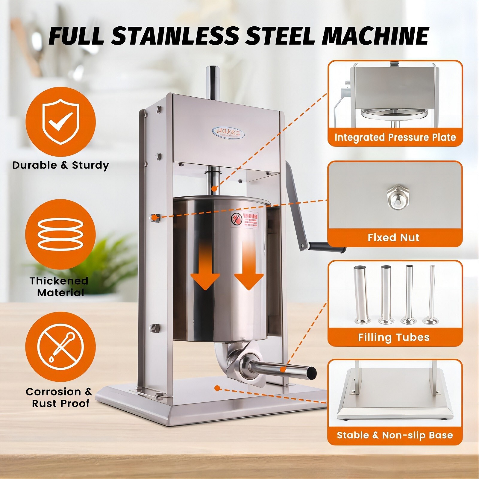 Hakka 7L 15LBS Sausage Stuffer Vertical Stainless Steel Meat Press Filler Maker