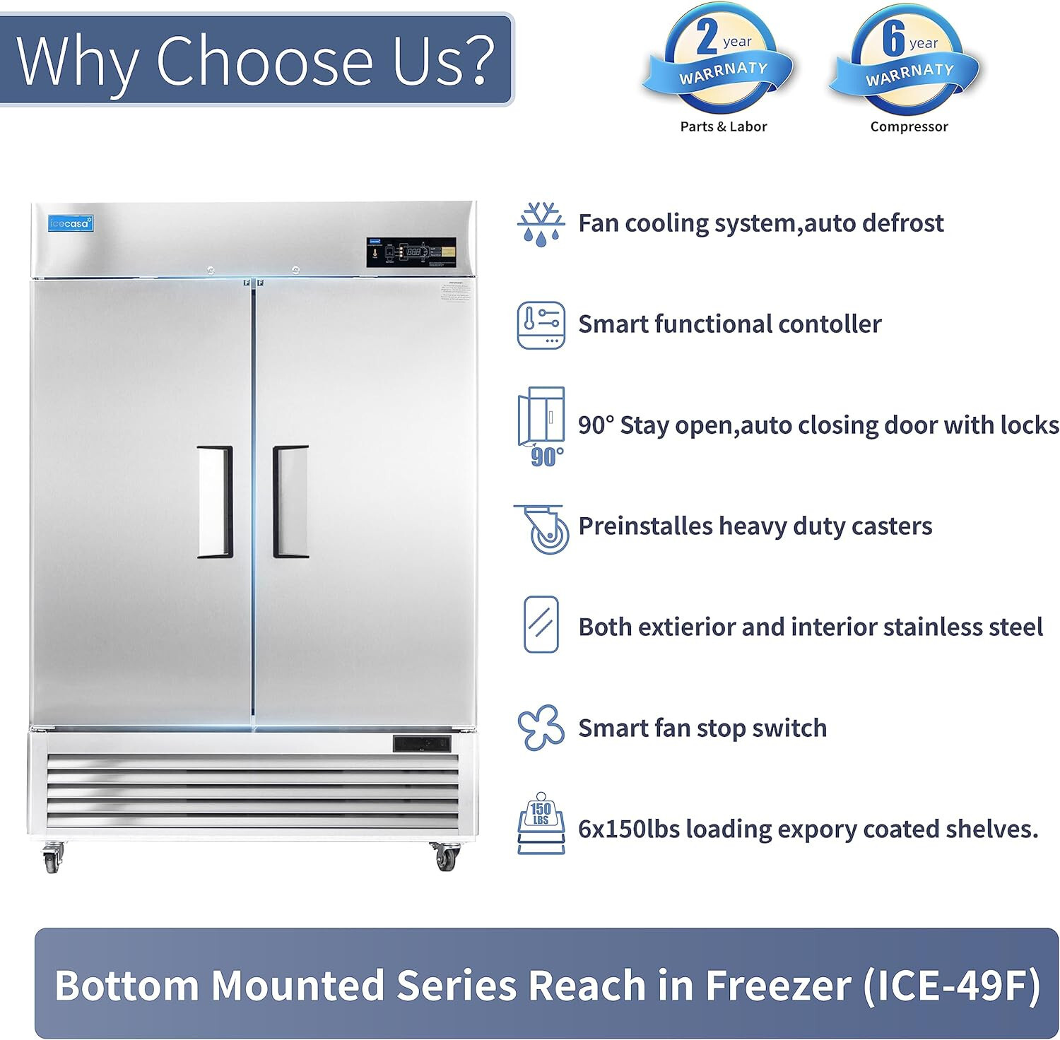 54″ Commercial Freezer, ICECASA Double Door Commercial Reach-In Freezer 49 Cu.ft