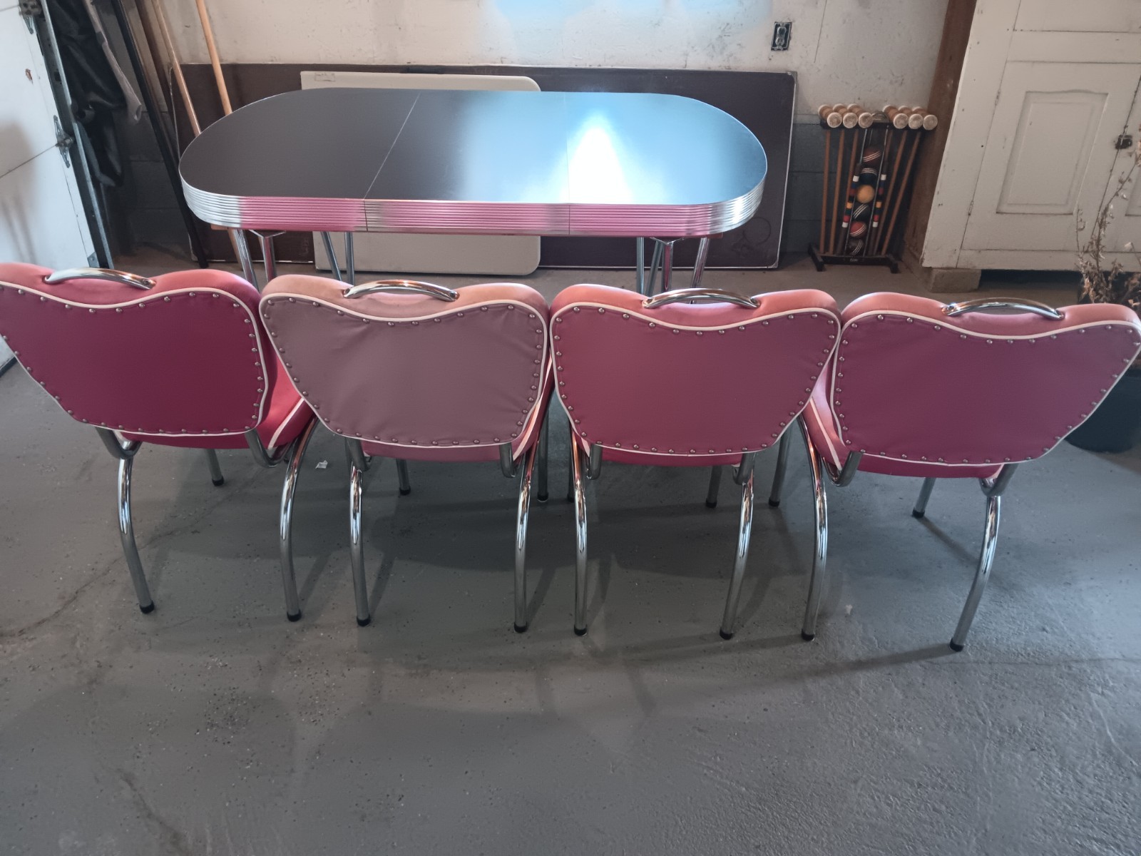 Retro Style, Chrome Edge Table and 4pc. Pink Chair Set