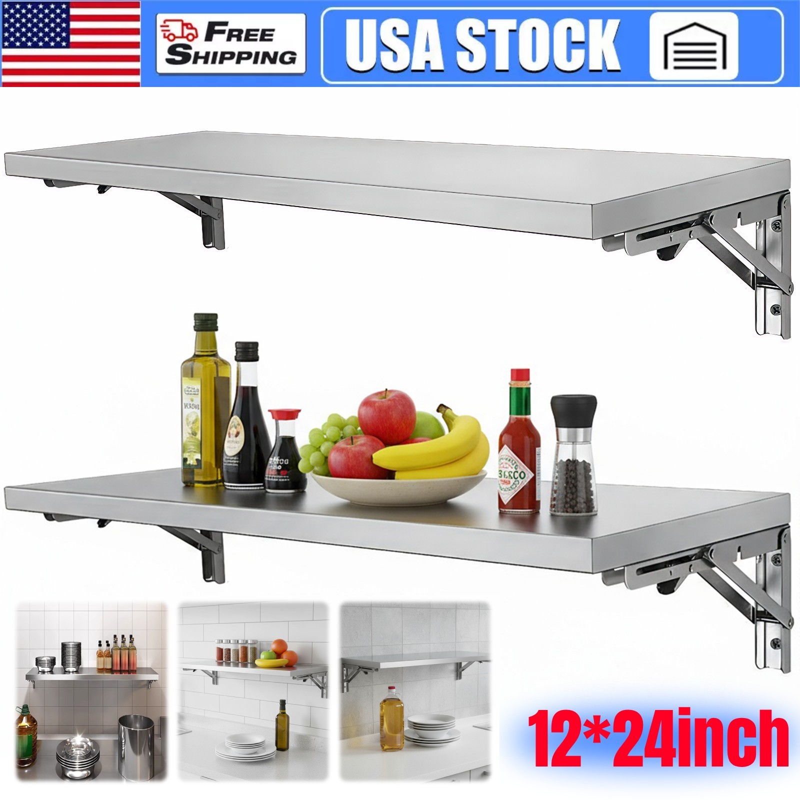 Stainless Steel Folding Wall Shelf 24×12″ for Kitchen Garage Laundry Restaurant