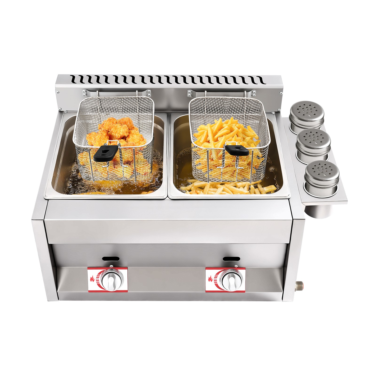23.74*18.11*13.18″ Silver Commercial Dual Tank Kitchen Deep Fryer W/ Basket& Lid