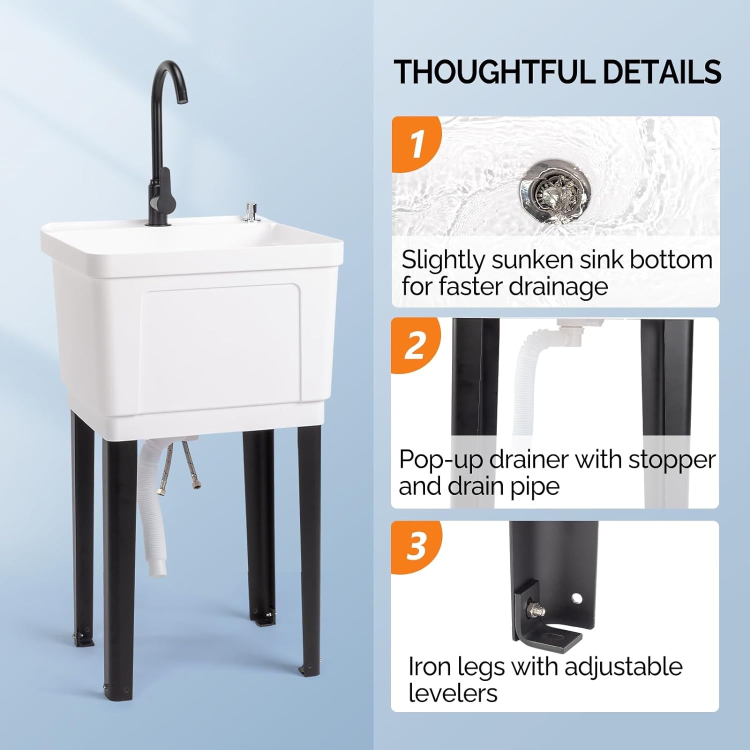 Commercial Utility Sink Laundry Tub with Faucet 19.7″W x 18.9″D White & Black