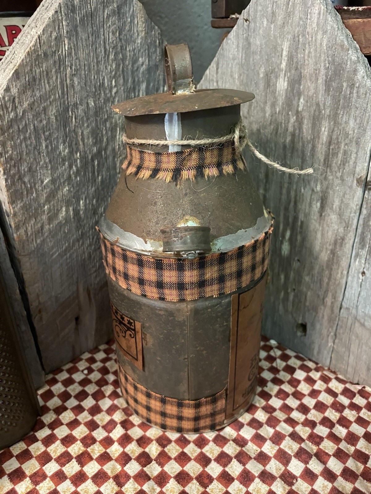 VTG PRIMITIVE FARMHOUSE Decor REPURPOSED MILK CAN “ROASTED COFFEE + SPOON