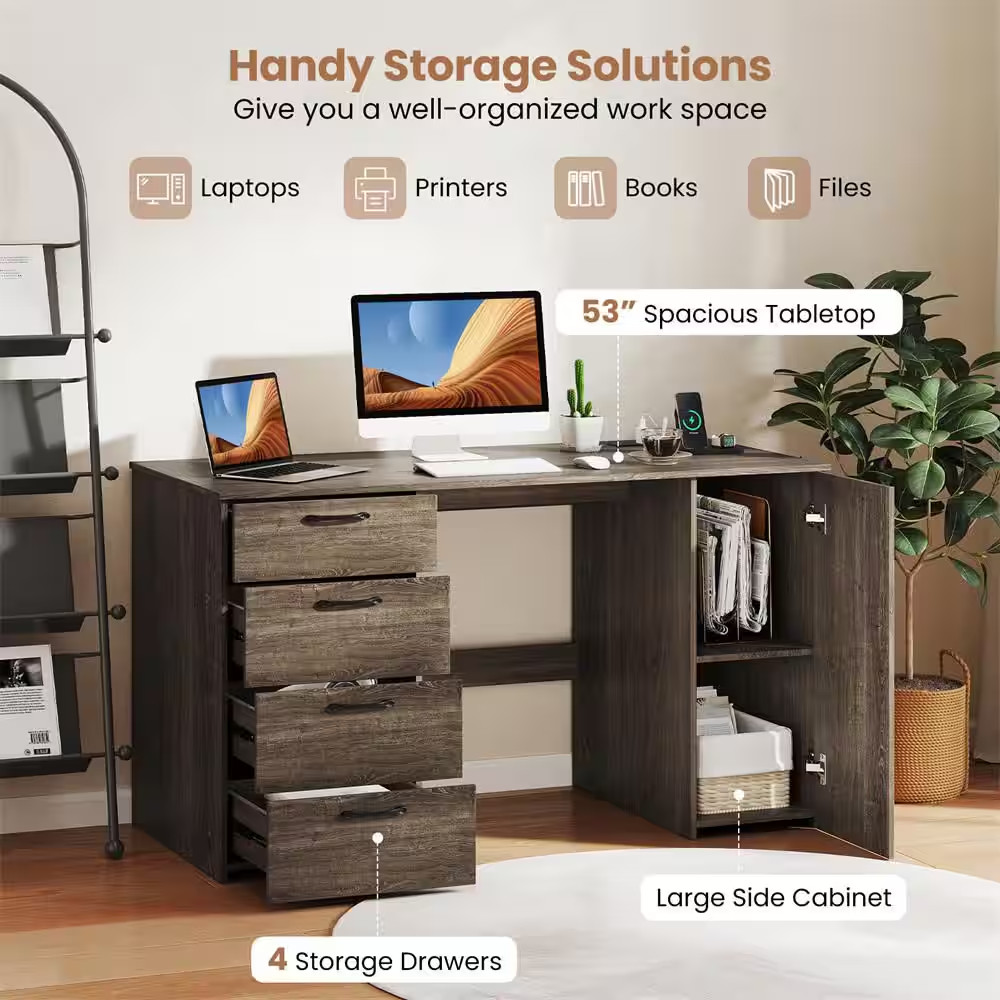 53 In. Gray + Black 4 Storage Drawers Computer Desk with Power Outlets Large Exe