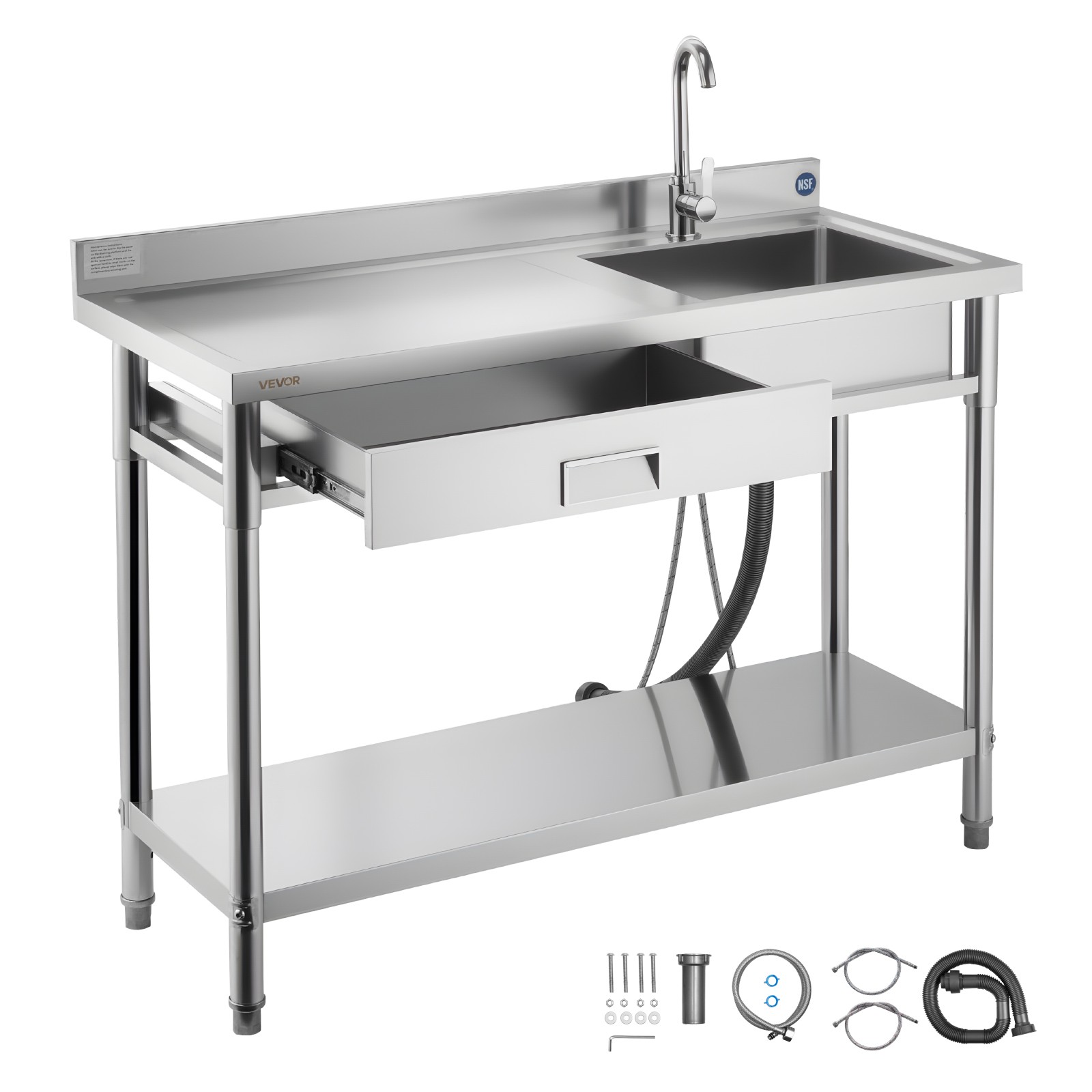 VEVOR Stainless Steel Utility Sink with Drawer Single Bowl 47.2 x 19.7 x 37 in
