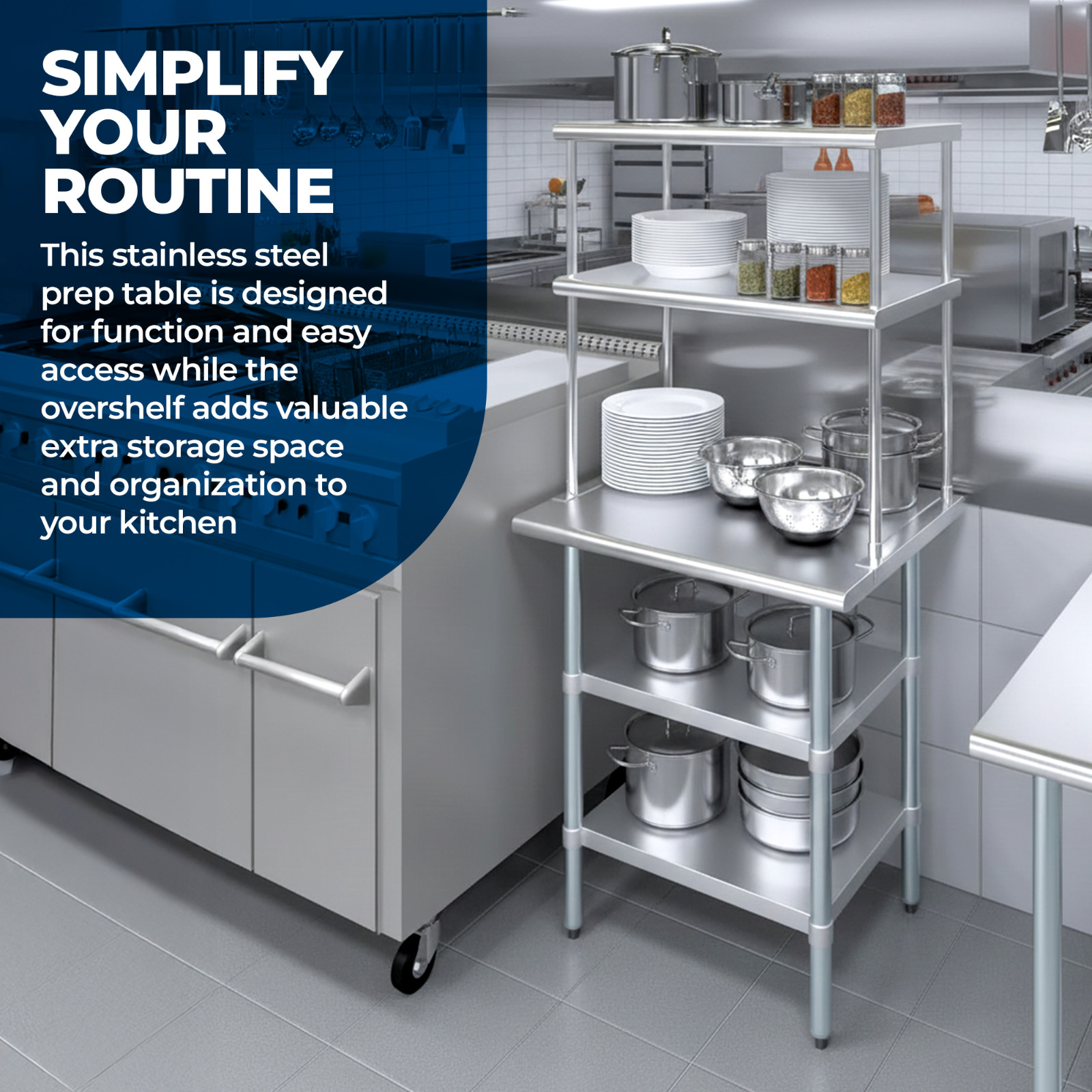 Stainless Steel Prep Table w/ Double Overshelf – Commercial Kitchen Workstation