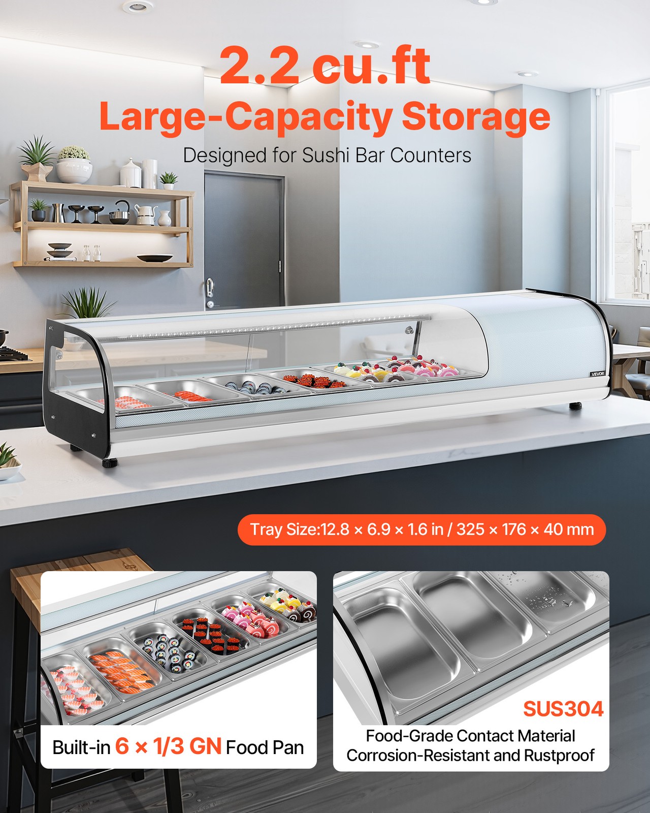 VEVOR Sushi Display Case Refrigerator 2.2 Cu.ft Countertop Sushi Case with 6 Pan