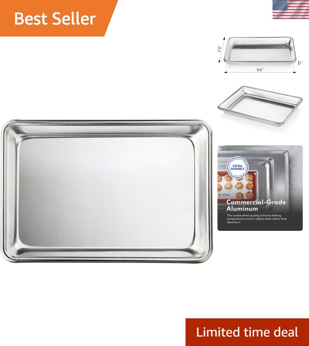 Commercial-Grade 18-Gauge Aluminum Sheet Pan, 9 2/3″ x 6 2/3″ x 1″ – Durable …