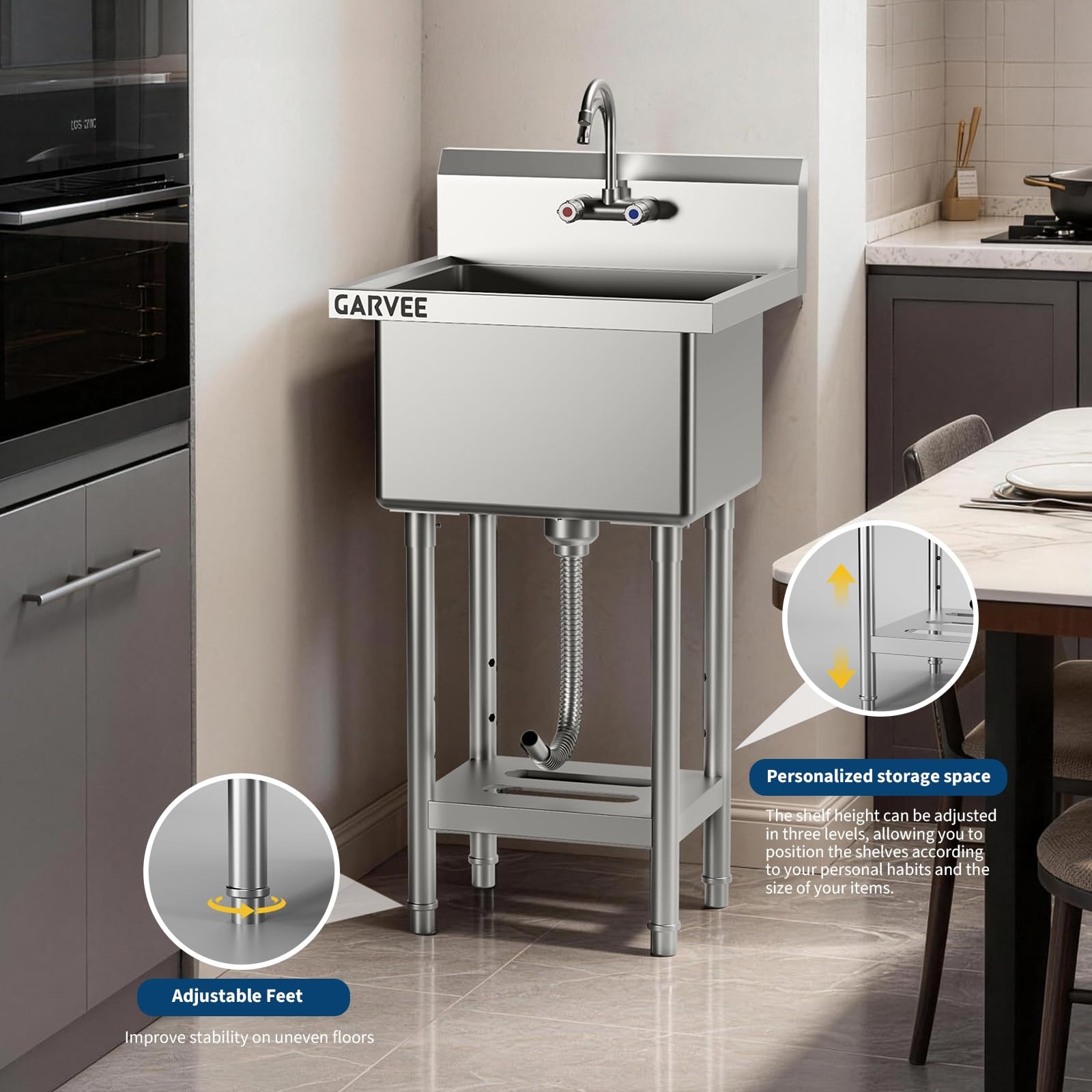 Stainless Steel Utility Sink Freestanding Commercial Single Bowl Kitchen Sink