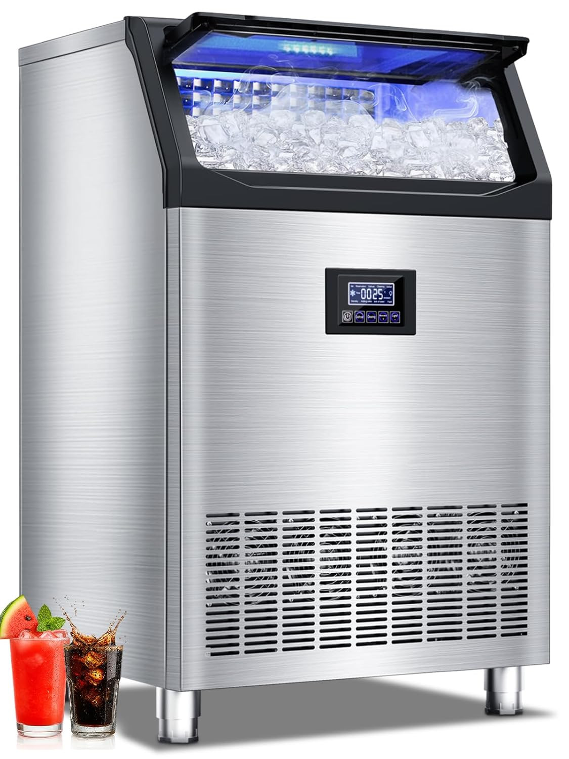 300Lbs/24H Commercial Ice Maker – Stainless Steel, Self-Cleaning, 115Lbs Bin