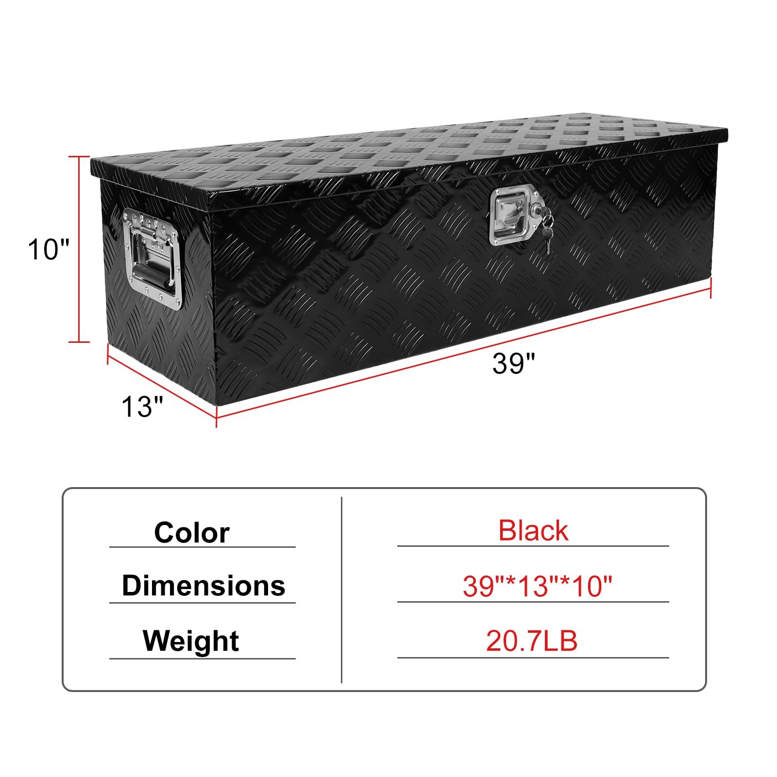 39x13x10 Black Aluminum Truck Bed Tool Box with Lock Keys Heavy Duty RV Trailer
