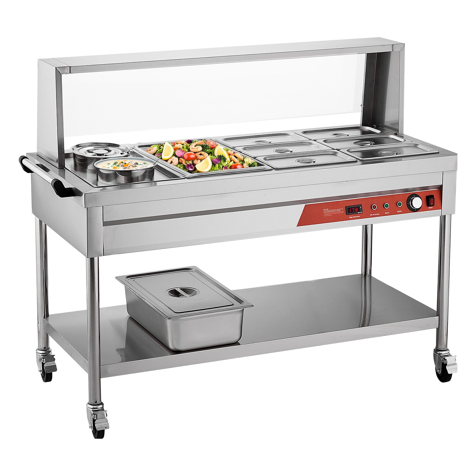 8 Pans + 2 Pots Commercial Food Warmer Steam Table with Undershelf Shield