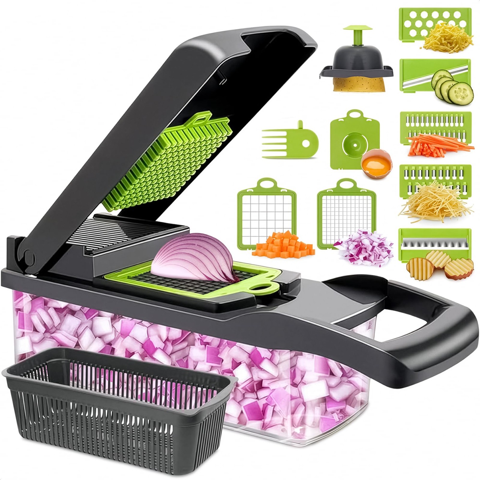 14-in-1 Vegetable Chopper with Container – Veggie Medium, Green