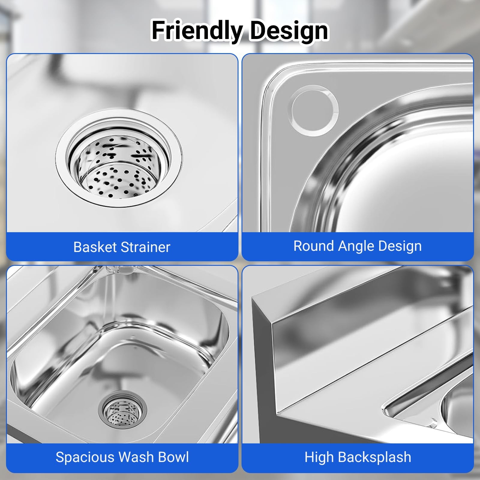 Stainless Steel Kitchen Sink Commercial Freestanding Compartment Utility Sink
