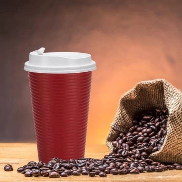 16 Oz Disposable Hot Paper Coffee Cups With Double Wall Ripple Lids Maroon 30PCS