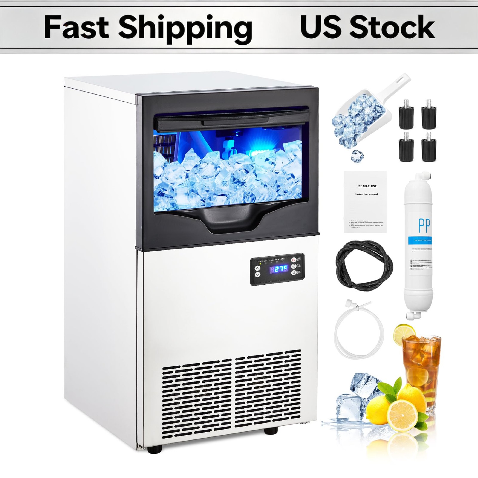 For Home Restaurants Bars Commercial Ice Maker 100LBS/24H 33LBS Capacity Stainle