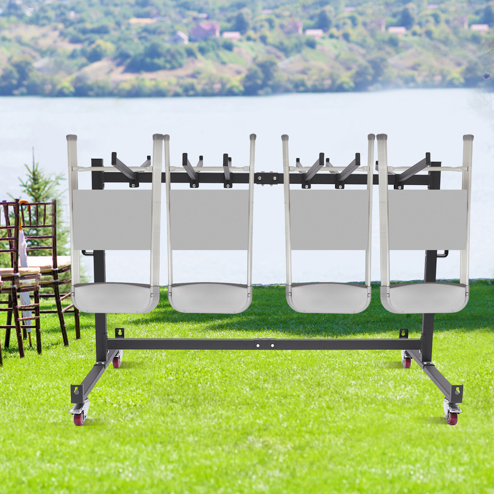 Folding Chair Cart Trolley – Steel Storage Rack Holds 42 Chairs With Brakes