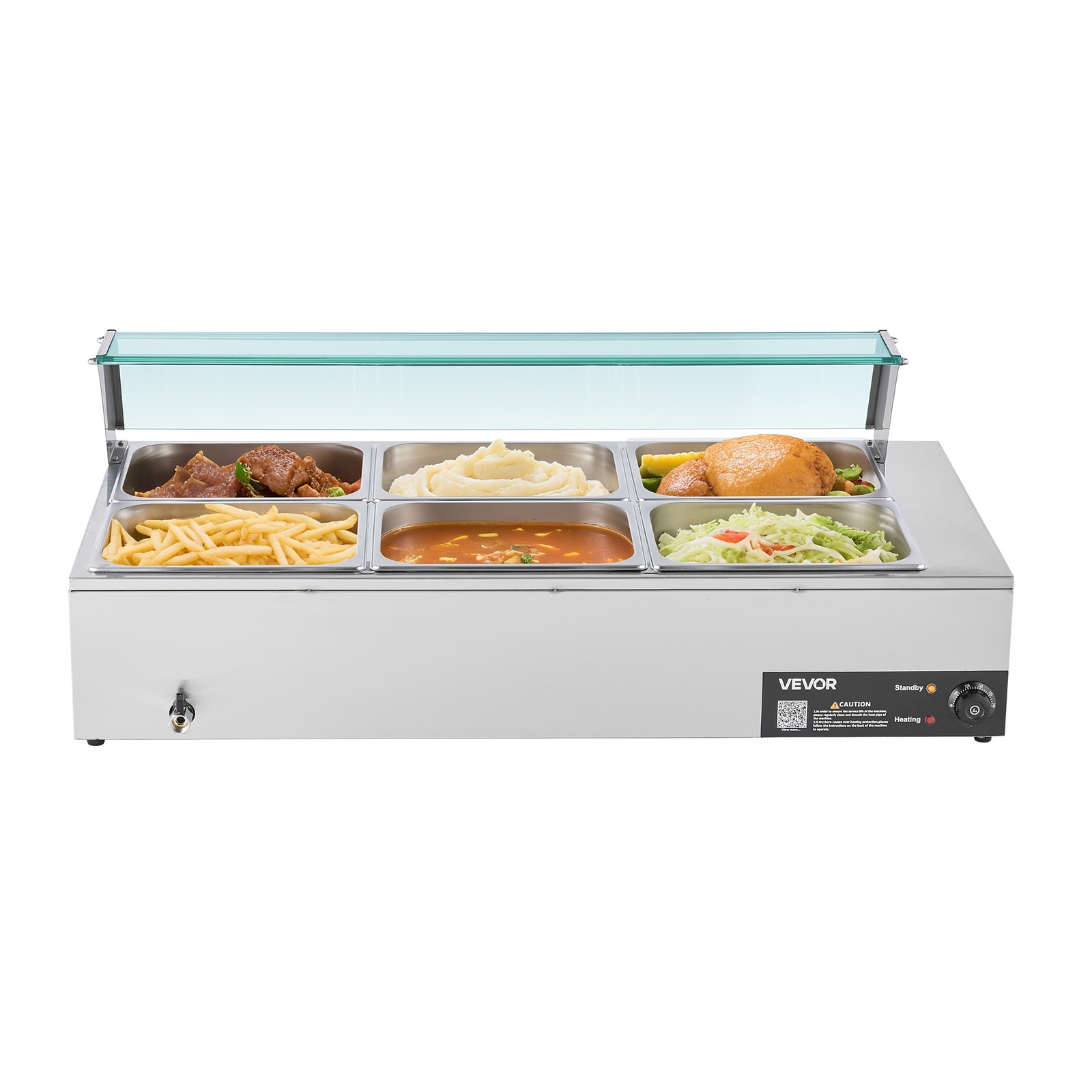 VEVOR Commercial Food Warmer 6x 1/2 Size Pans Buffet Bain Marie with Glass Cover