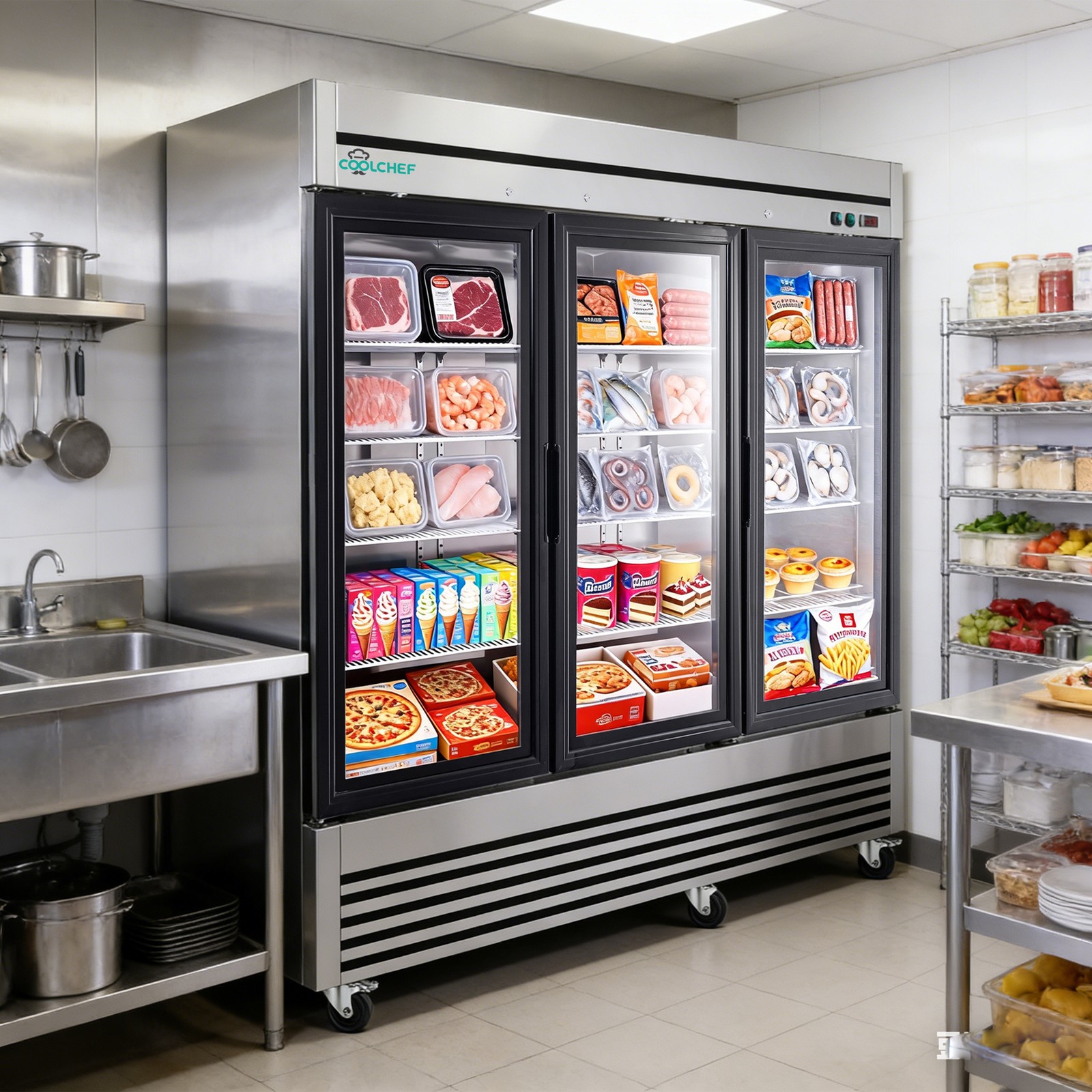 Commercial 81» Reach-In Refrigerator Stainless Steel Glass 3 Doors 72 Cu.ft.