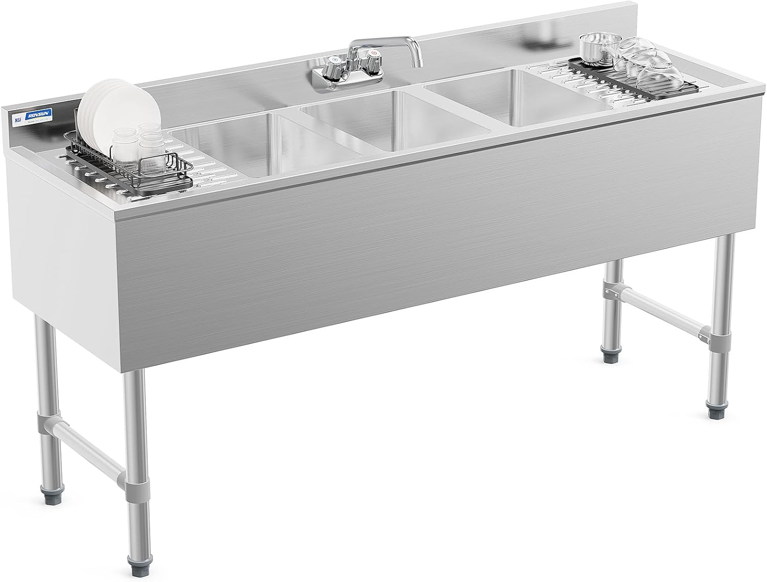 3 Compartment Commercial Sink with Double Drainboard 60″L x 18.4″W x 33″H Silver