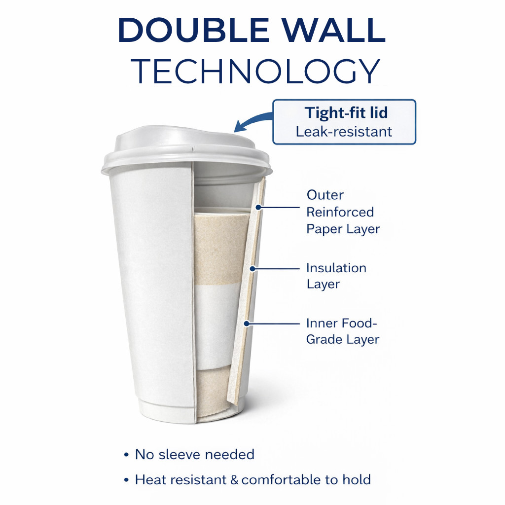 Premium Double Wall Paper Cups with Lids | 8oz/White/Bulk 1000pcs
