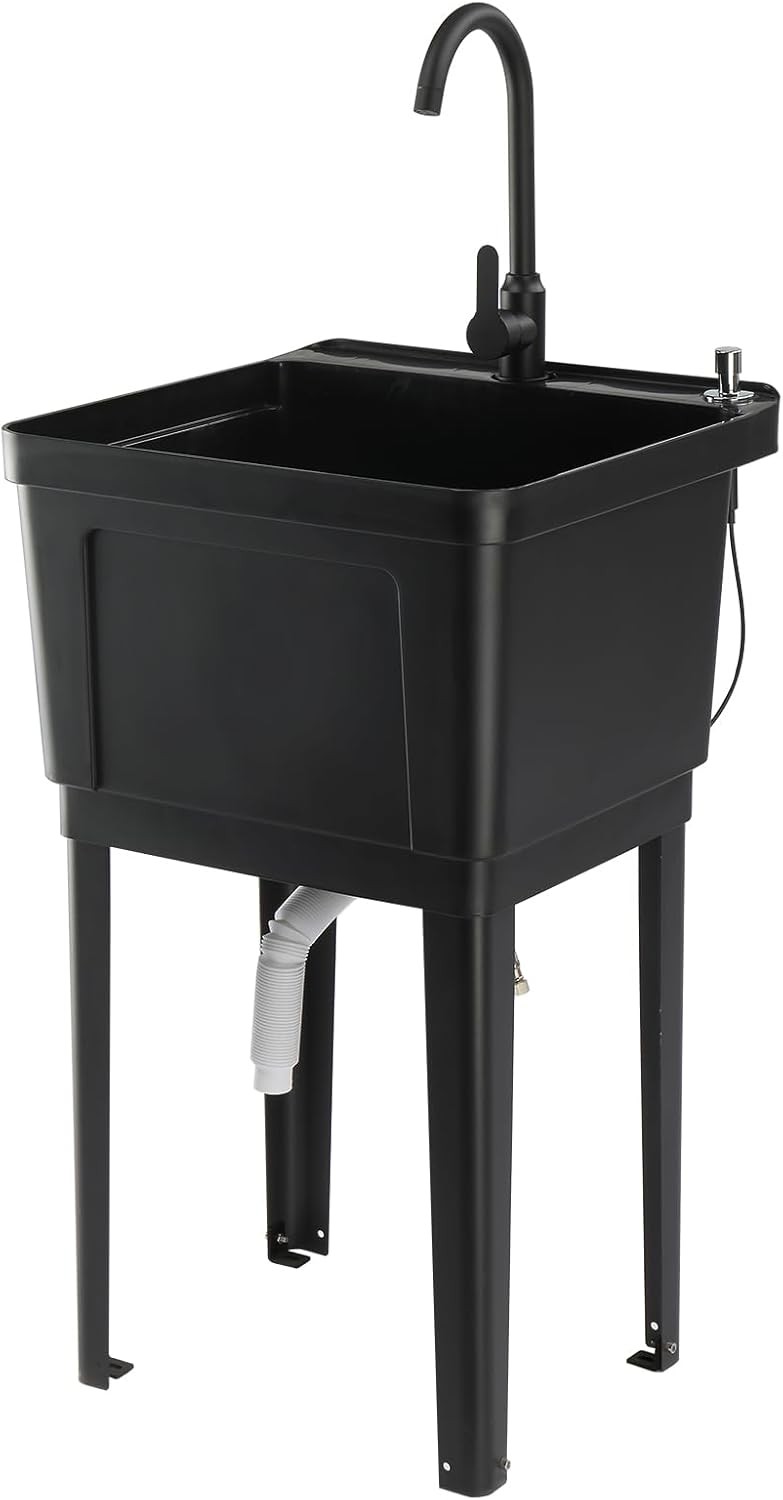 Plastic Utility Sink, Freestanding Sink with Hot&Cold Faucet, Soap Dispenser