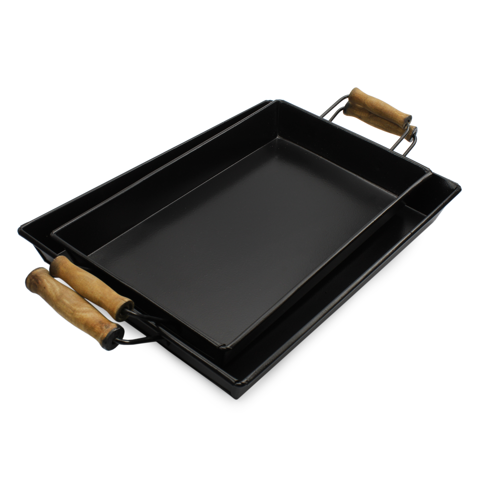 Black Enamelware Rustic Trays Set of 2, Sm/Med; Farmhouse Decor w/ Handles