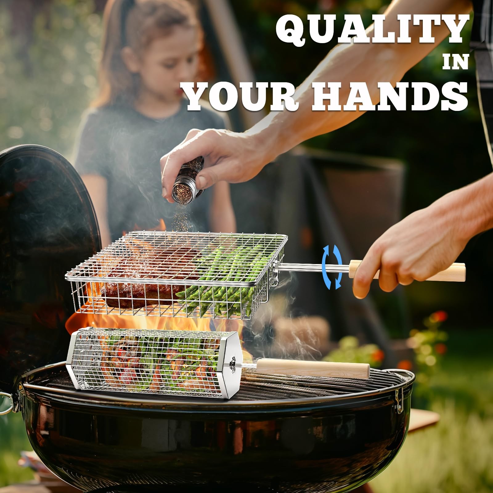 Ivtivfu Grill Basket Set Removable Wooden Handle 304 Stainless Steel Rolling