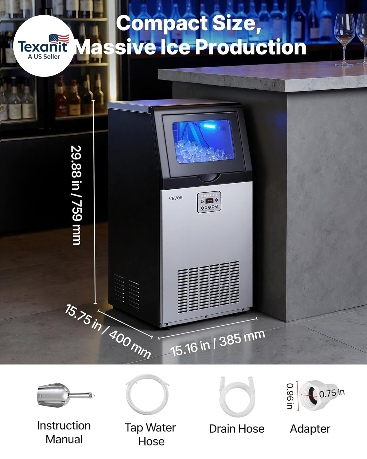 Commercial Ice Maker Machine, 100 Lbs/24H with 30 Lbs Storage Capacity, Built-In