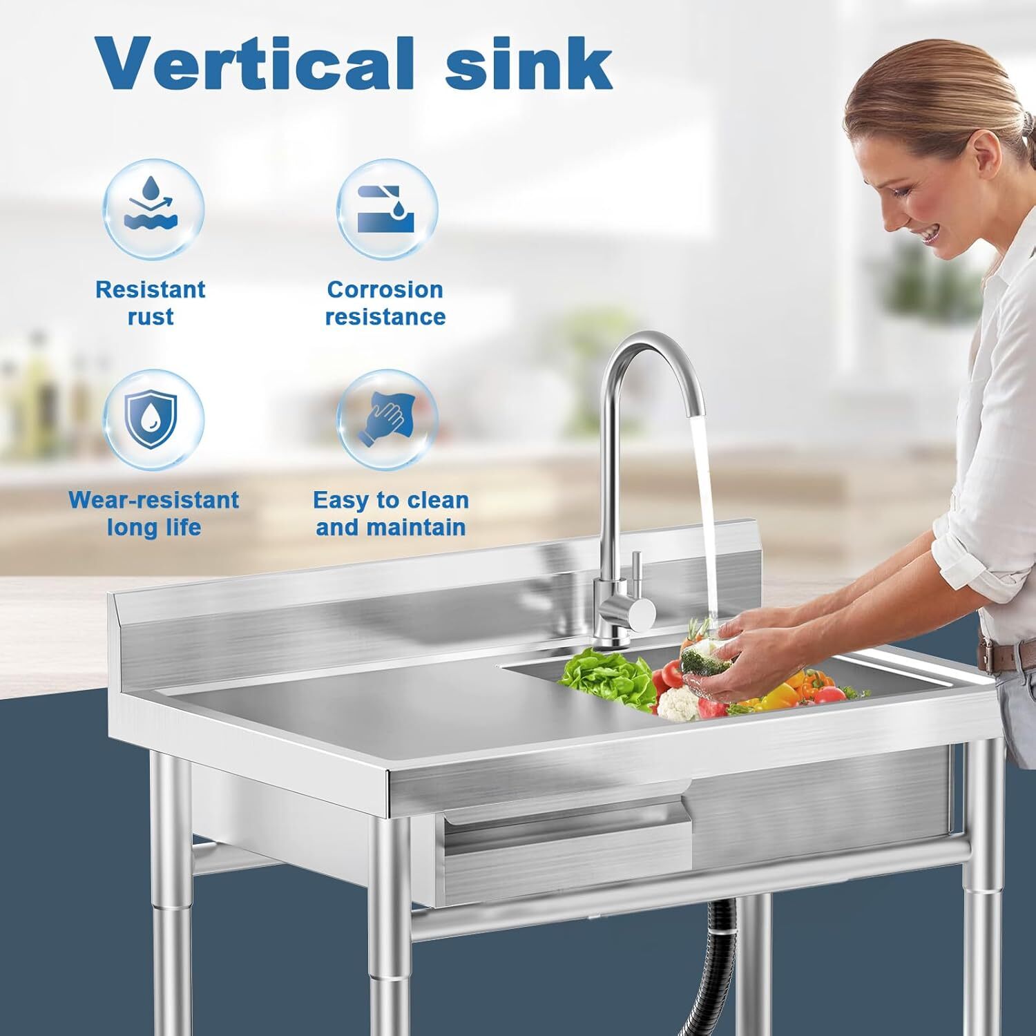 All-In-One Stainless Steel Freestanding Sink with Drawers for Laundry Room Use