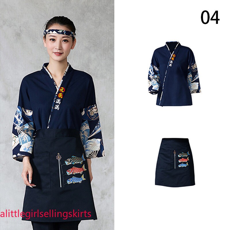 M-2XL Sushi Chef Kimono Style Coat Uniform Waiter Overalls Japanese Work Jacket