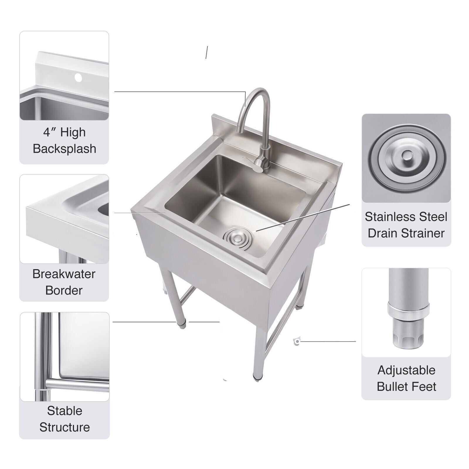Commercial Utility Sink Stainless Steel Kitchen Sink 1 Compartment with Faucet.
