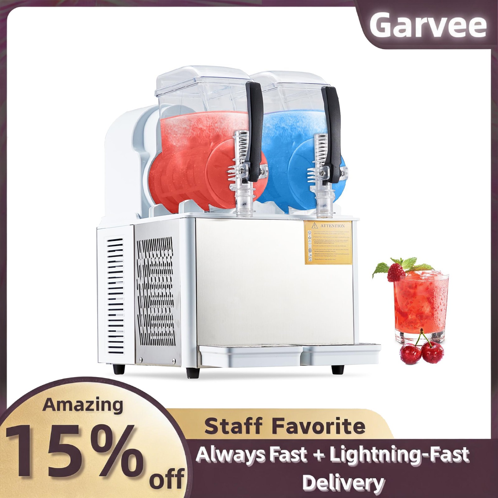 370W Self-Cleaning Commercial Slushie, Dual 4L SS Tanks, 7.2L, Carbon Steel Hand