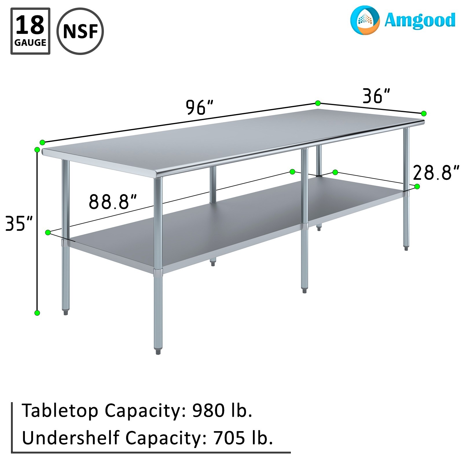 AmGood 36 in. x 96 in. Stainless Steel Table | Utility Kitchen Prep Work Table