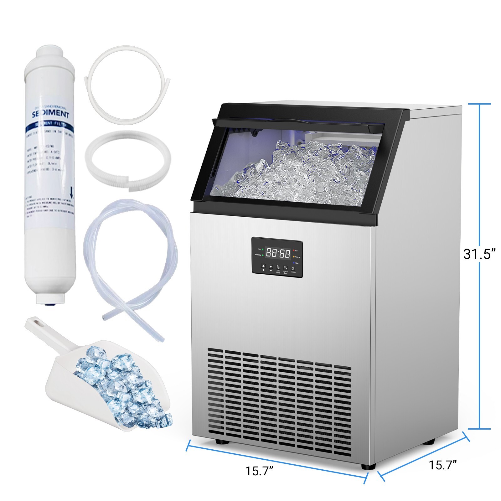 Ice Maker, Commercial Ice Machine,150Lbs/Day, Stainless Steel Ice Machine