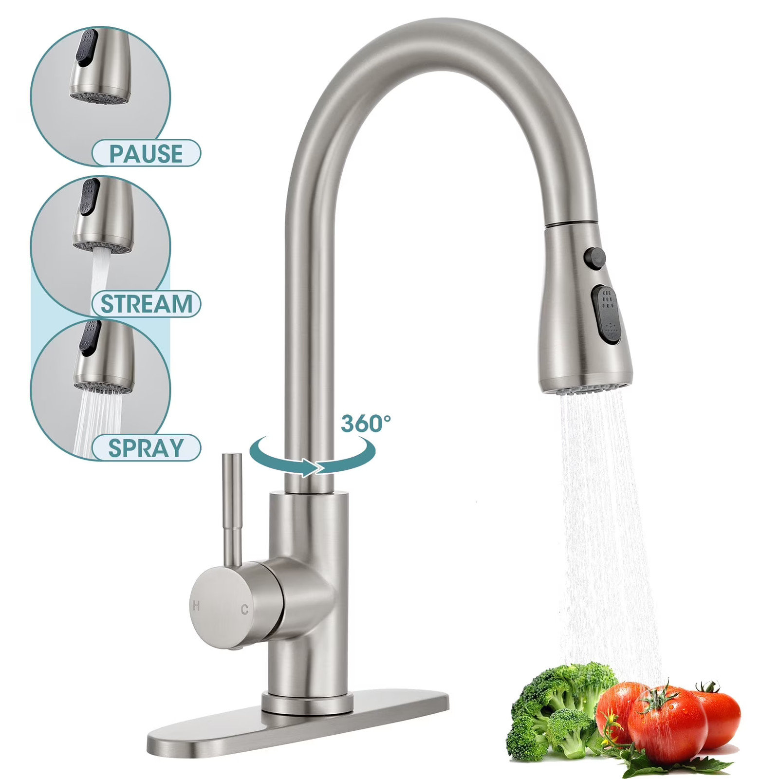 Kitchen Sink Faucet with Pull Down Sprayer, Single Handle Stainless Steel