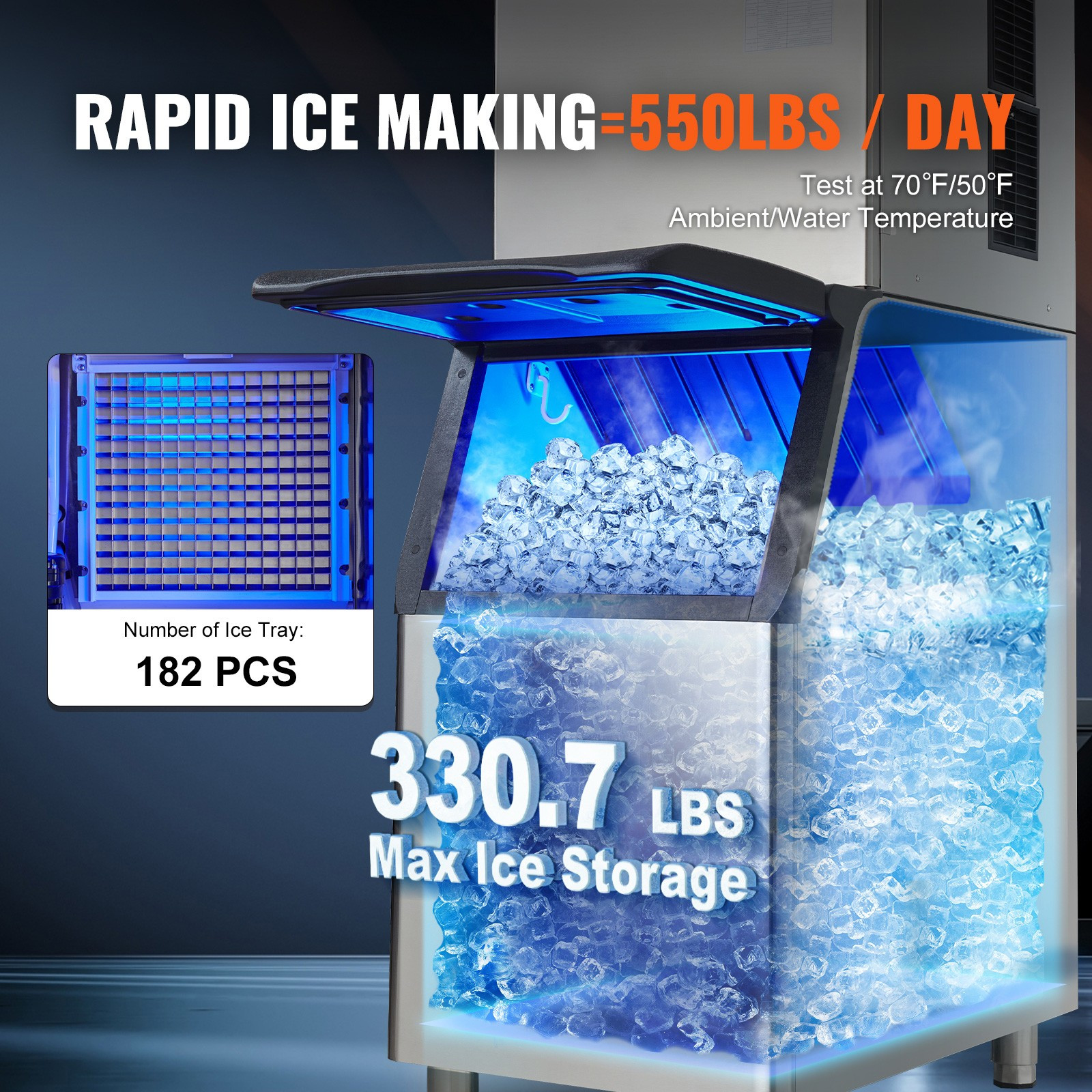 550LBS/24H Commercial Ice Maker 330.7LBS Storage Bin Auto Self-Cleaning