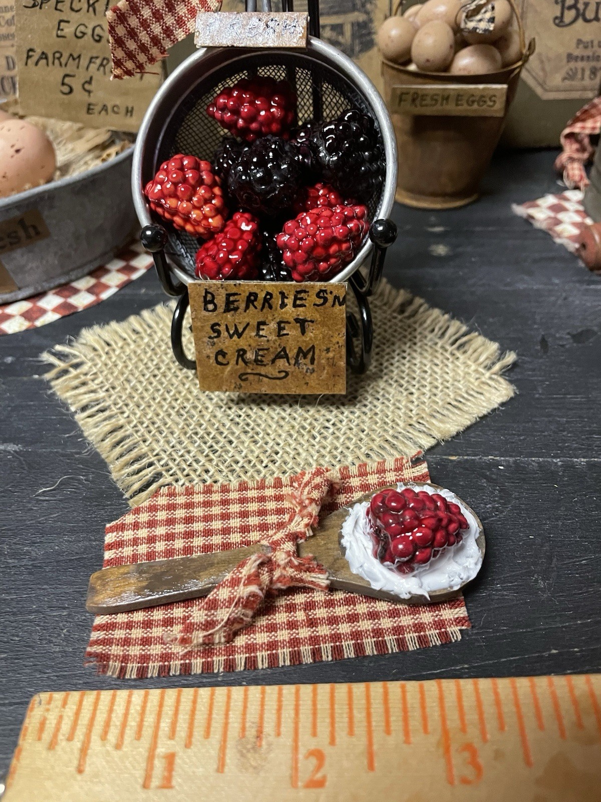 PRIMITIVE FARMHOUSE KITCHEN DECOR REPURPOSED SIFTER STRAINER BERRIES N CREAM