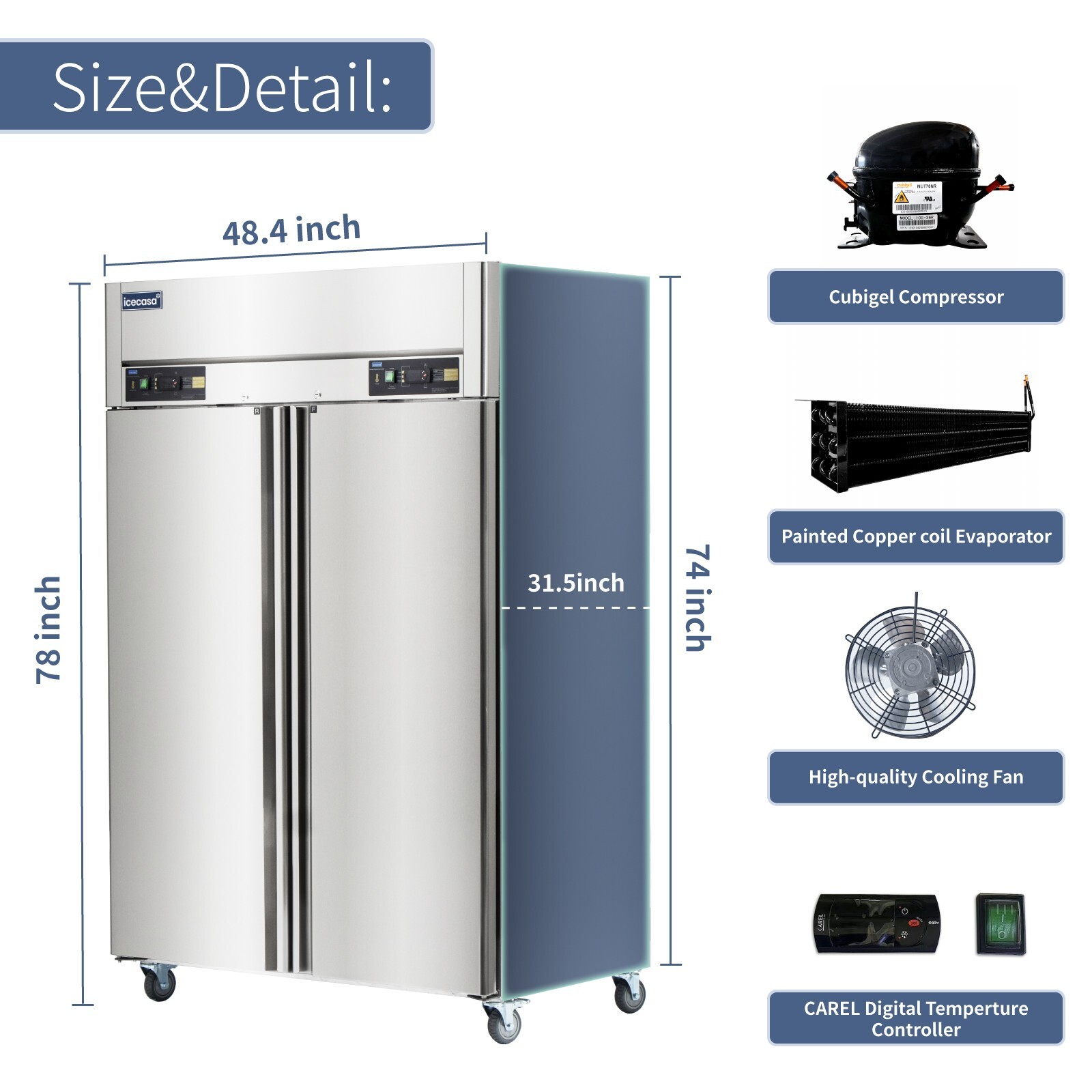 48″ Commercial Fridge Freezer Combo, 2 Door, Stainless Steel, 36 Cu.ft