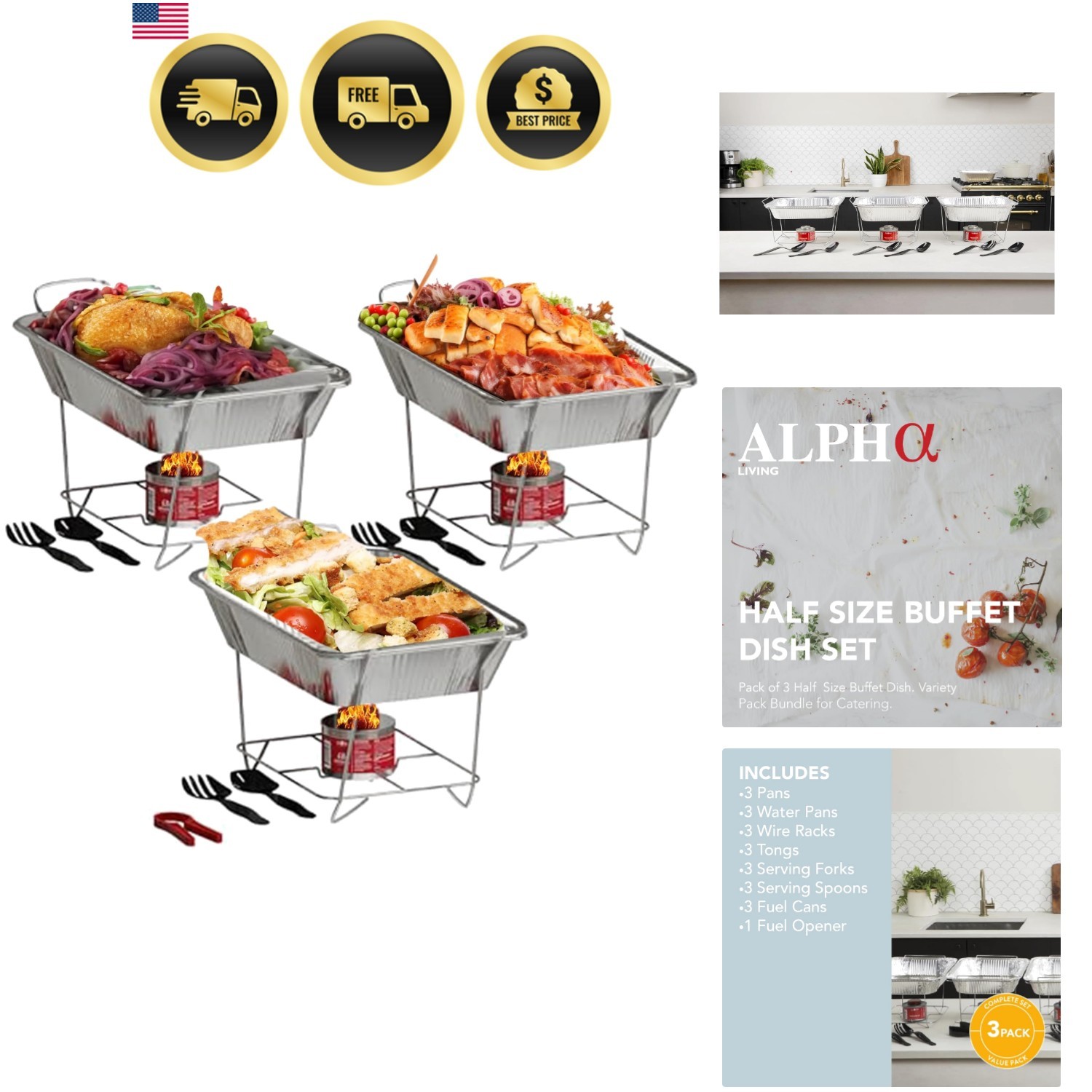 Durable Food Warmers Buffet Set with Utensils, Fuel, and Wire Stands – 3 Pack