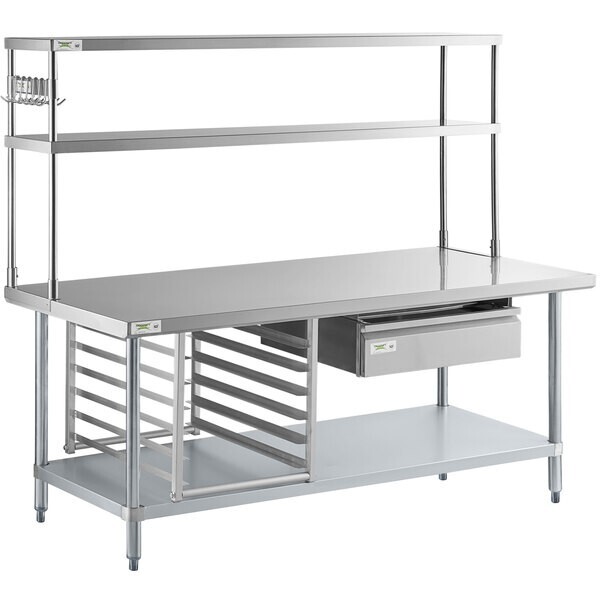 30″ x 72″ Stainless Steel Work Table w/Undershelf, Overshelf, Drawer & Pan Rack