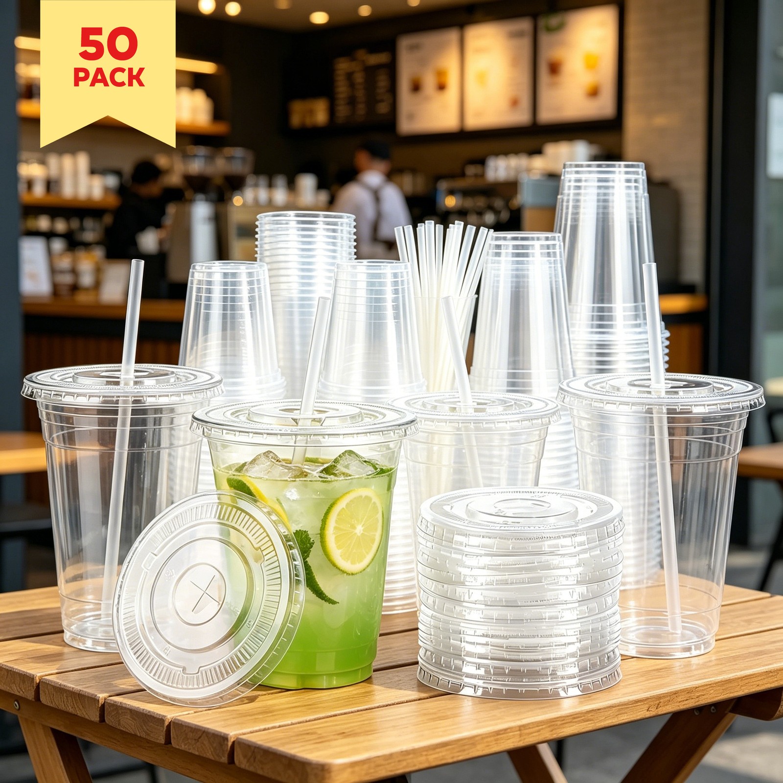Clear Disposable Plastic Coffee Cups 50 Pack 16-24oz with Lids and Straws