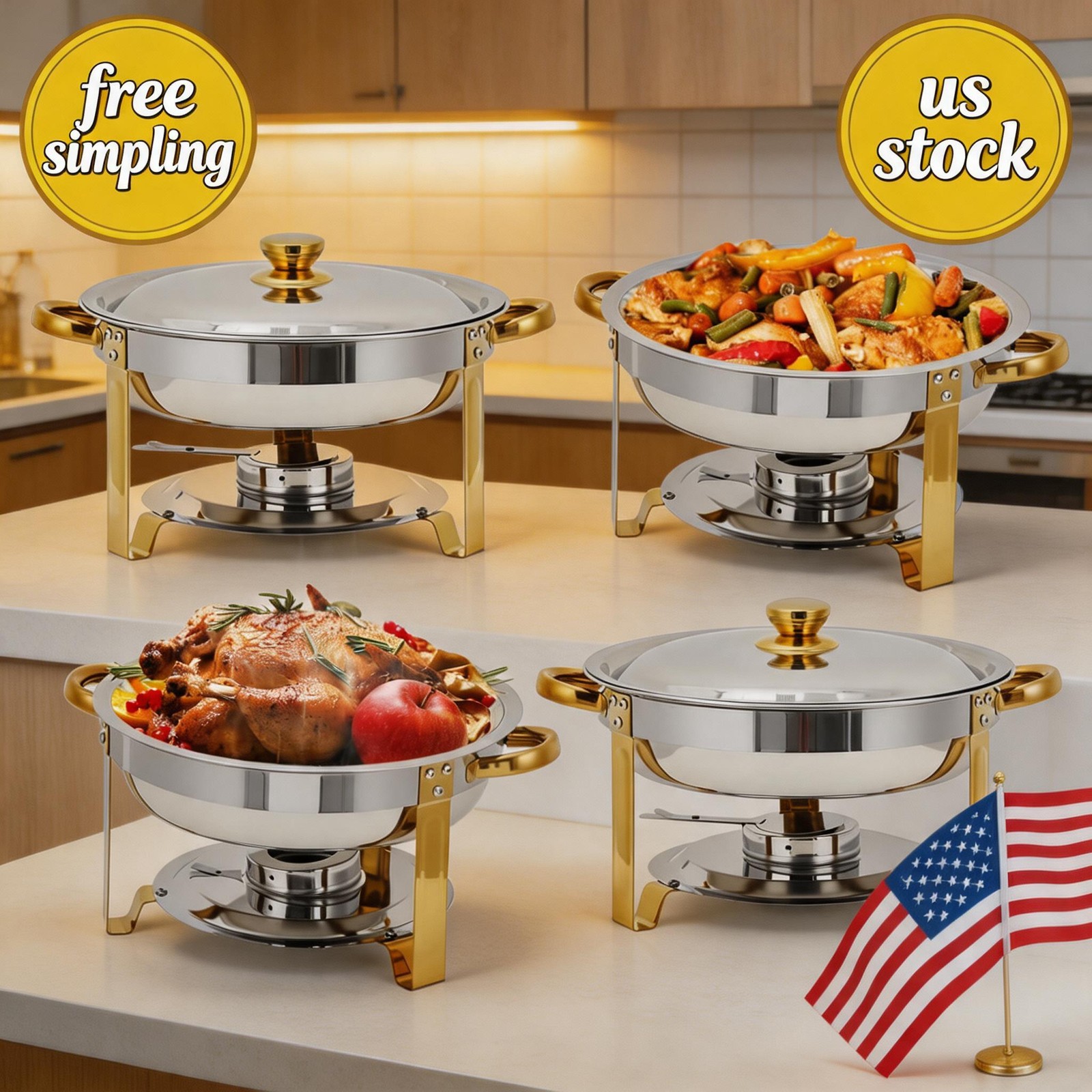 4 Pack Chafing Dishes for Buffet, 5 QT Round Buffet Servers and Food Warmer Set