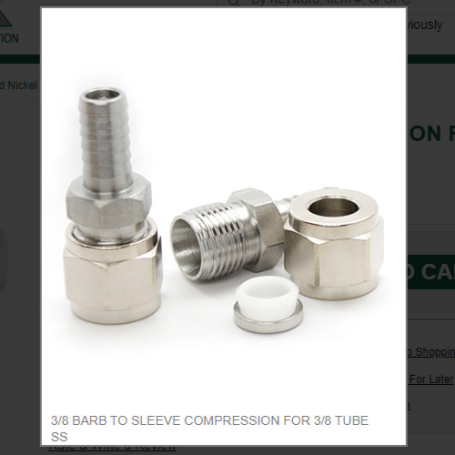 3/8 BARB TO SLEEVE COMPRESSION FOR 3/8 TUBE SS # 7042, (1) One, In-Stock