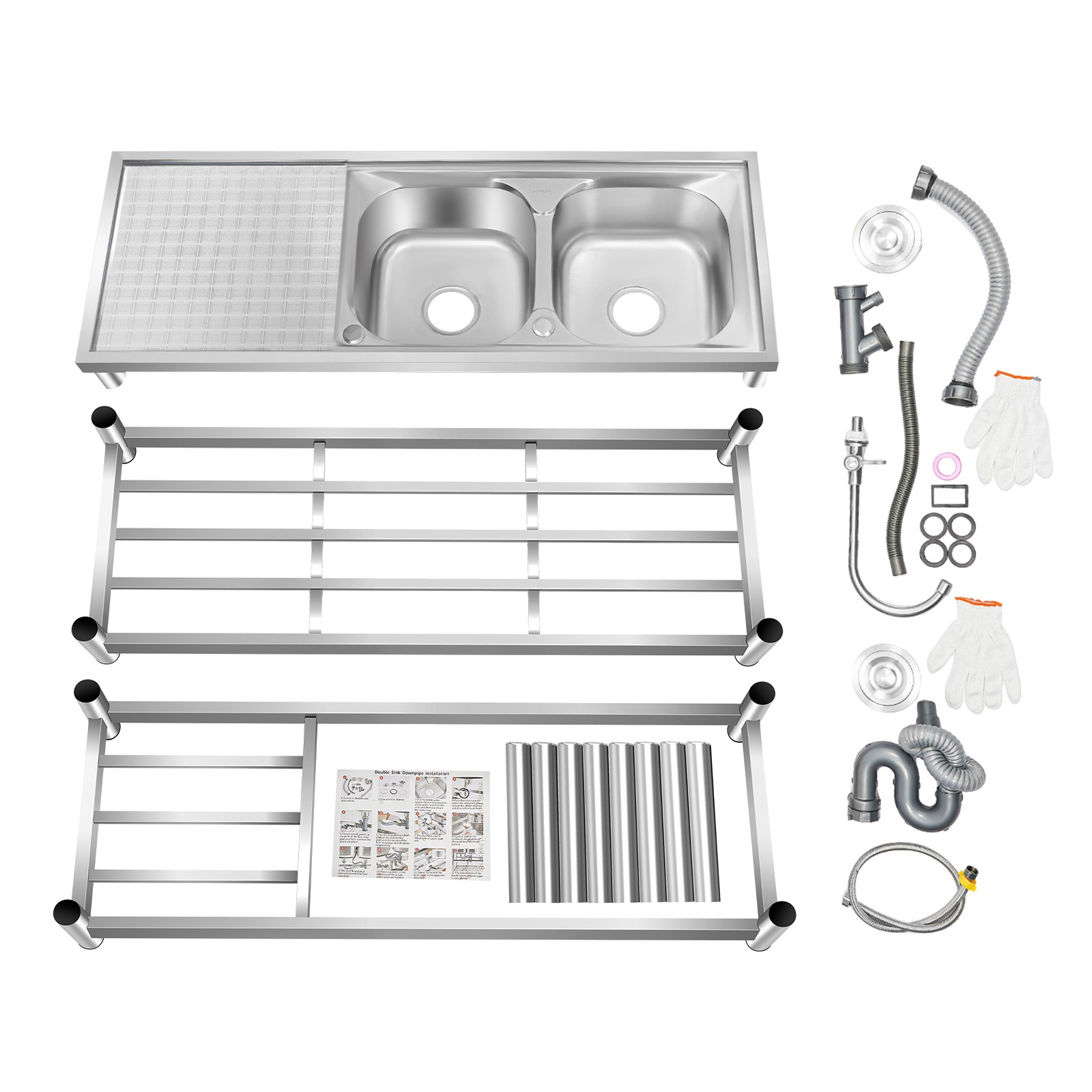 Stainless Steel Commercial Sink Utility Sink 2 Compartment Kitchen w/Prep Table