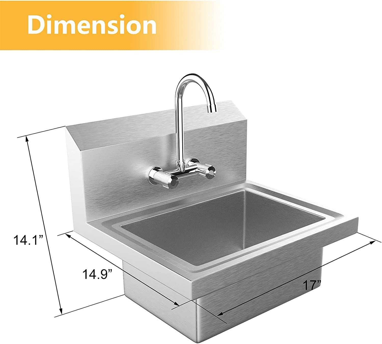 Hand Wash Commercial Sink Wall Mount Utility Sink with Drainer and Faucet Silver