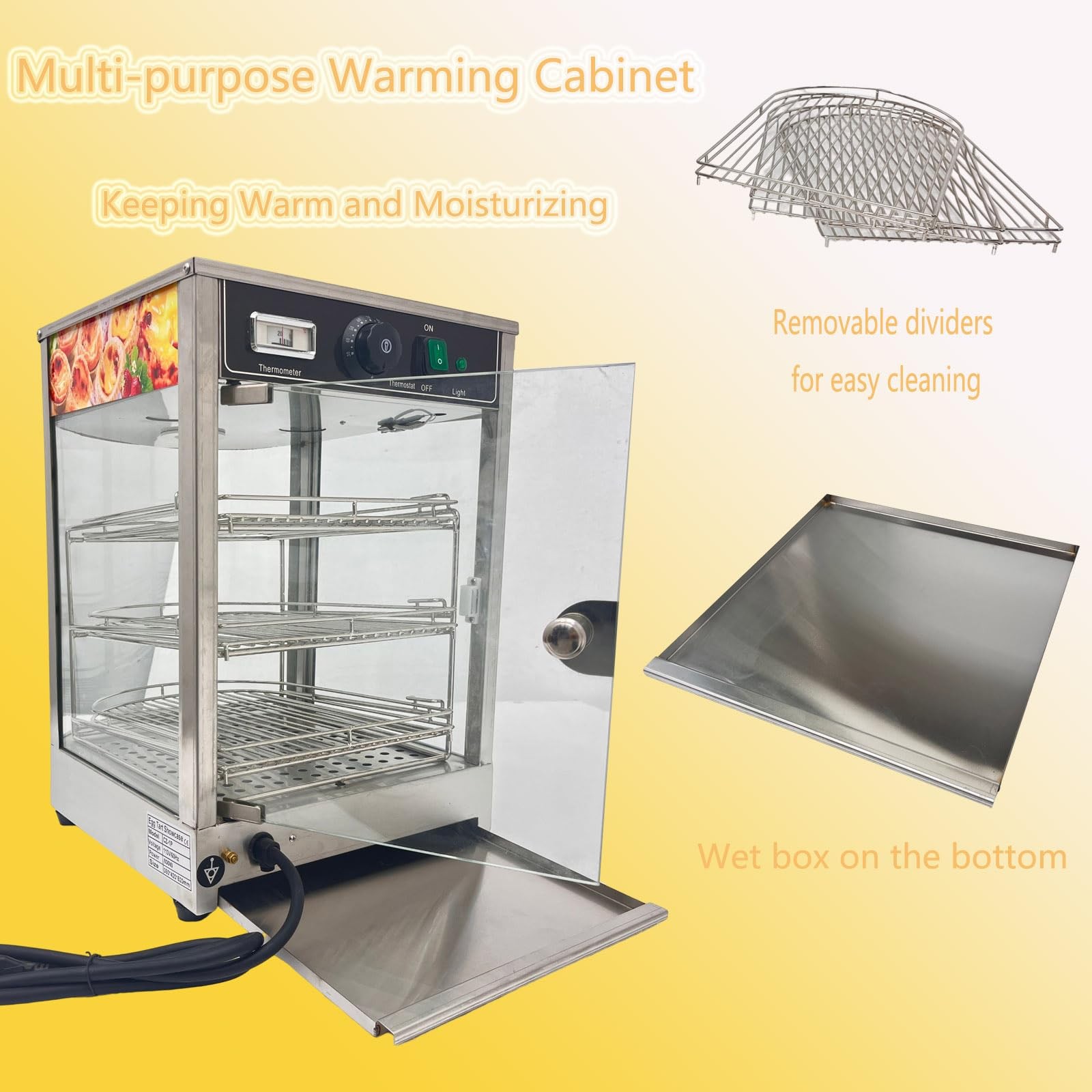 850W 110V Commercial Food Warmer 3-Tier Countertop with LED Lighting Glass Door