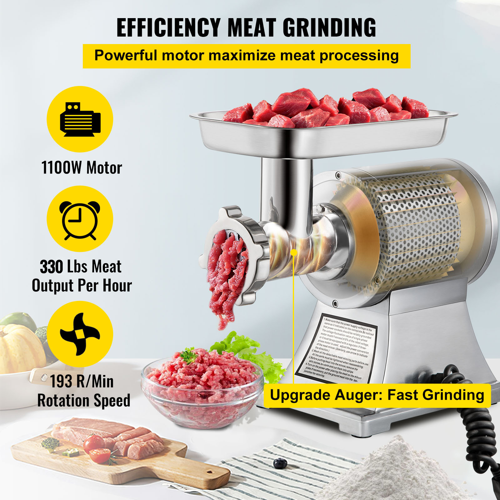 VEVOR 1.5HP Commercial Electric Meat Grinder 1100W Stainless 550lbs/h Heavy Duty